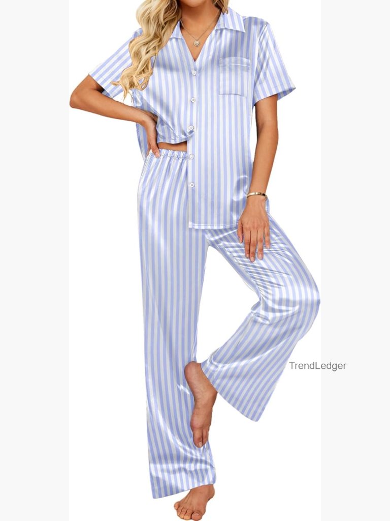 2pc Satin Pajama Set Short Sleeve Button Down Pjs Wide Leg Pants